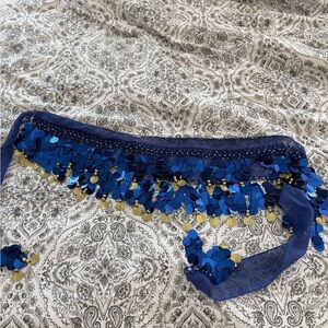 Blue Sequin Belly Dance Hip Scarf with Gold Coins